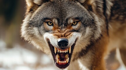 Naklejka premium A close-up of a wolf teeth, bared in a snarl, showing its fierce and powerful nature.