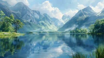 A serene landscape featuring mountains and a tranquil lake reflecting the sky and greenery.