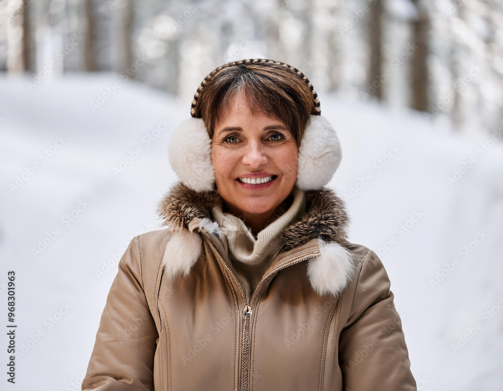 Wall mural smiling hispanic woman winter portrait in snow covered forest