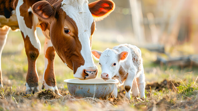 Adorable newborn calf drinking milk from its loving mother cow in a peaceful pastoral farmland setting  The scene captures the nurturing bond between the cow and her calf