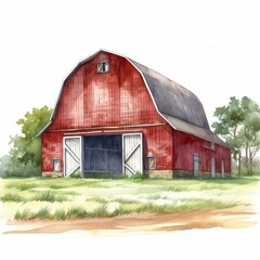 Obraz premium Watercolor Illustration of Red Barn in Countryside; Rustic Rural Farm Building