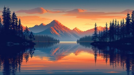 Fototapeta premium A serene landscape featuring mountains, a calm lake, and a colorful sunset reflecting on the water.