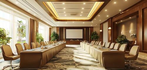 ,Upscale hotel meeting room equipped for elegant business events,