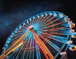 A brightly lit Ferris wheel spinning against a dark sky at a carnival. The vibrant lights cr