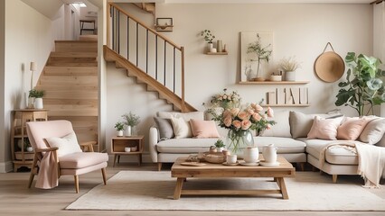 A modern living room in a farmhouse style, showcasing a wooden staircase, vintage accents, and a soft color palette