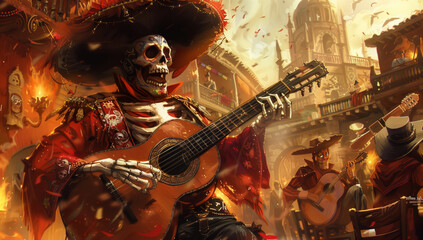 Obraz premium Skeleton dressed in a sombrero and playing a guitar. The scene is set in a city with a group of people playing instruments