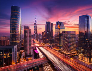 Fototapeta premium A city skyline at dusk, with modern skyscrapers lit up as the sun sets, casting a soft purpl