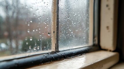 A close-up of water droplets forming on a window pane, indicating a leak in the house's seal.