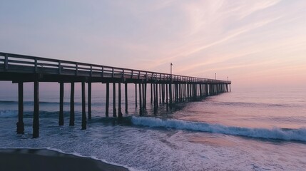 A long pier stretching out into the ocean, with gentle waves rolling underneath.