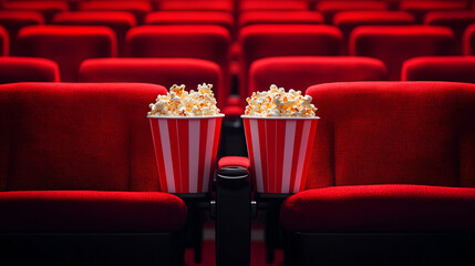 a movie theater with rows of red seats with popcorn bucket, enjoy moment