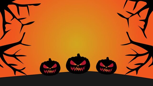 halloween pumpkin animation next to tree branches on gradient background, halloween background