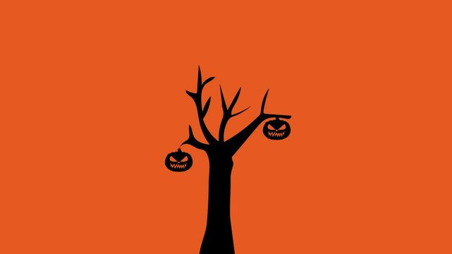 halloween tree animation next to halloween pumpkins while bats fly, halloween background