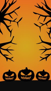 animation of silhouette of halloween pumpkins next to tree branches on colored background, halloween background, vertical video