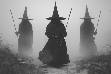 Three witches in cloaks and hats walking in foggy landscape; eerie, mystical cinematic atmosphere.