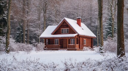A cozy log cabin house nestled in the woods, with snow covering the roof and surrounding trees.