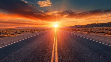 A desert highway stretching straight into the distance, with the sun setting on the horizon.