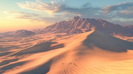 Fototapeta premium A desert landscape with towering sand dunes, their ridges sharply defined by the sunlight.