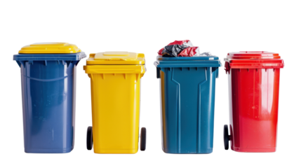 Plastic trash cans with garbage on transparent background