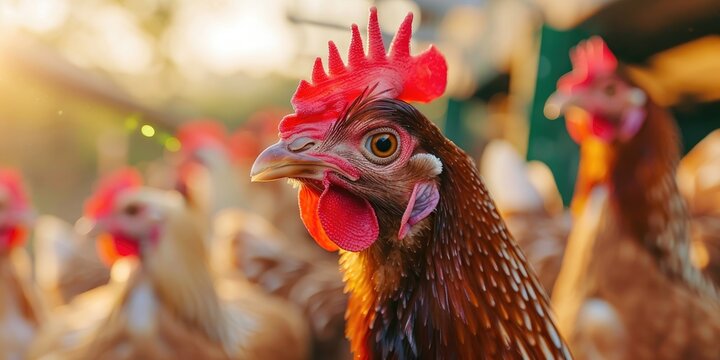 Flock of robust broiler chickens at the poultry farm