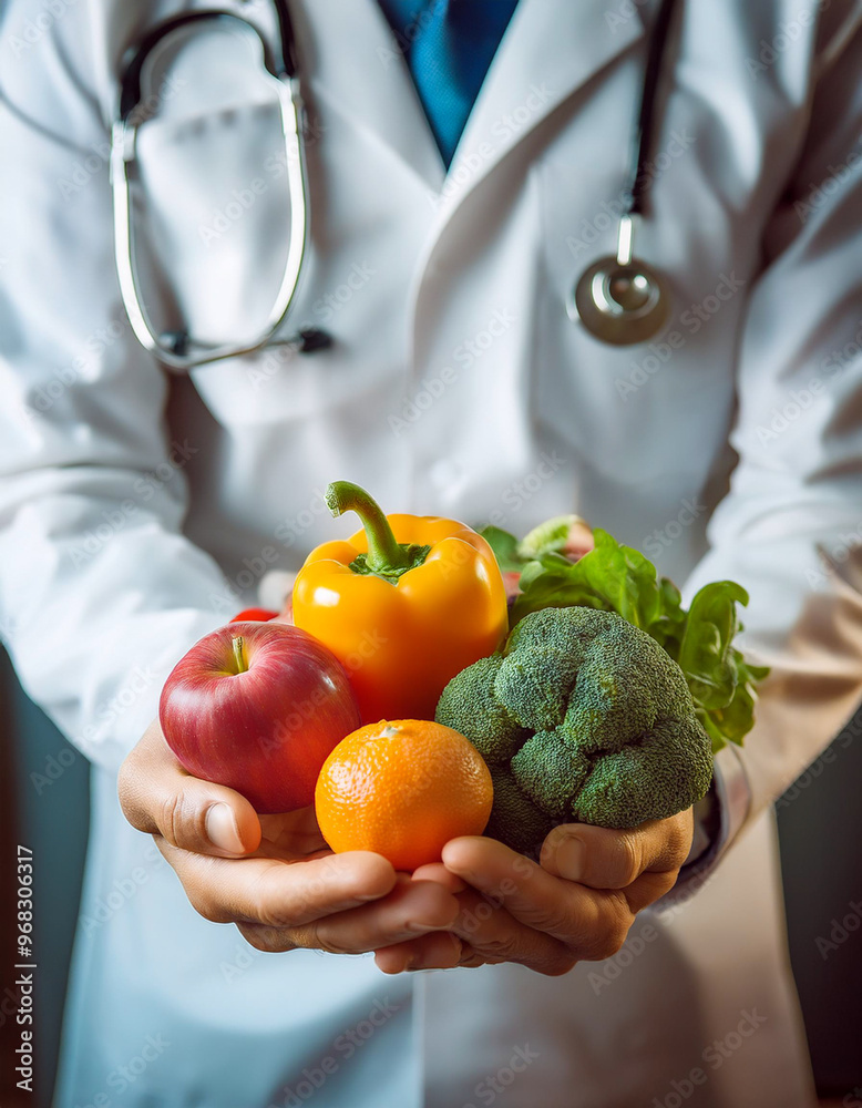 Wall mural nutritionist giving consultation to patient with healthy fruit and vegetable, right nutrition and di