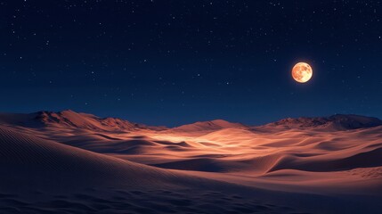 Fototapeta premium A desert scene at night, with a full moon casting a soft light over the sand dunes.
