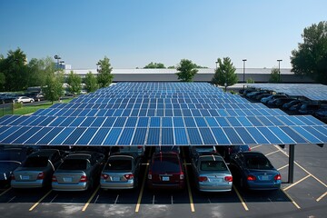 Large solar panel array installed above parking lot providing shade and renewable energy at a commercial location