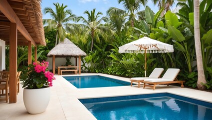 Obraz premium swimming pool surrounded by lush green foliage and palm trees. In the foreground, there are two wooden lounge chairs with white cushions, positioned under a large white fringed umbrella.