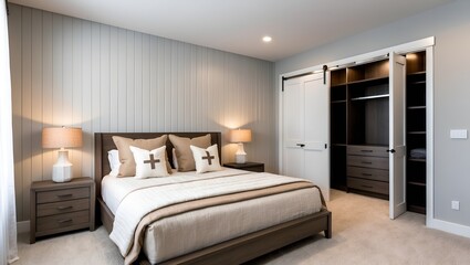 Fototapeta premium Modern, minimalist bedroom with a neutral color palette. The room features a large bed centered against a light gray, vertically paneled wall