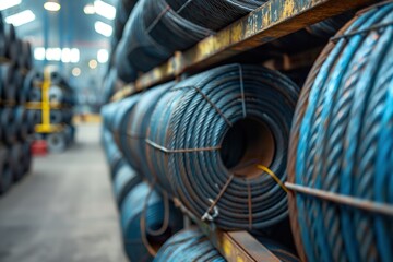 Obraz premium Rolled steel cables stacked neatly at the wharf ready for industrial use during daytime operations