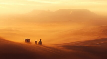 Fototapeta premium A distant view of a desert caravan, the figures barely visible against the vast expanse of sand.