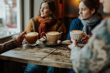 Diverse friends enjoying warm coffee indoors at a cozy café on a bright morning