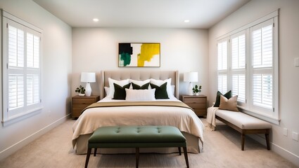 Fototapeta premium minimalist bedroom with a neutral color palette. The room features a large bed with a beige upholstered headboard, adorned with white, beige, and dark green pillows