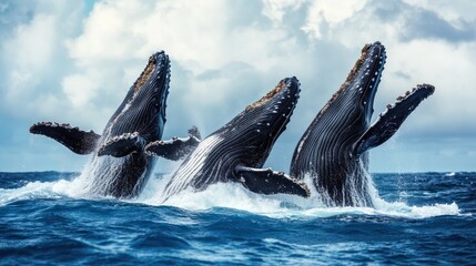 Naklejka premium A pod of whales breaching the ocean surface, with their tails and fins visible against the water.