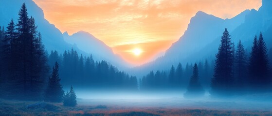 A Mystical Sunrise Over Foggy Mountain Valley