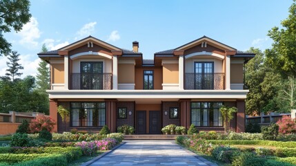 Fototapeta premium A duplex house with symmetrical designs, each side having its own entrance and garden.