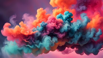 Abstract colorful smoke clouds in blue, pink and orange hues.