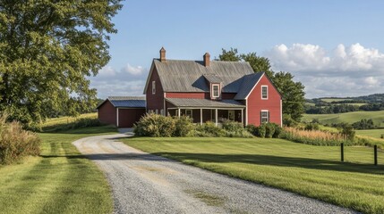 A front view of a farmhouse with a red barn, a gravel driveway, and rolling hills in the background.