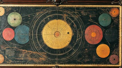 Exploring a vintage astronomical chart depicting celestial bodies and their orbits from the early 19th century