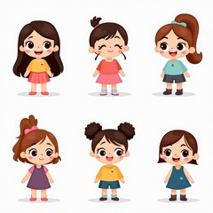 Cute Cartoon Girls Illustrations with Different Hairstyles and Outfits, Perfect for Kids' Designs and Educational Materials