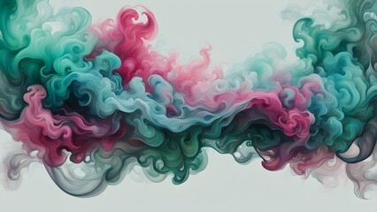 Obraz premium Abstract swirling clouds of pink, green, and blue hues against a white background.