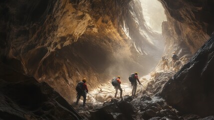 Obraz premium A group of adventurers navigating a narrow cave tunnel, using ropes and gear to traverse the rugged terrain.
