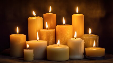 A group of candles of different sizes and shapes arranged in a circle, casting a warm, inviting light.