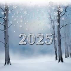 Wintery 2025 New Year Card with Sparkling Ice-Like Text and Serene Snowy Forest