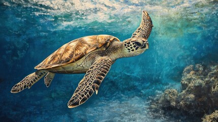 Obraz premium A sea turtle swimming gracefully in the open ocean, surrounded by clear blue water.