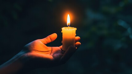 A hand holding a candle, with the flame gently flickering in the dark and illuminating the fingers.