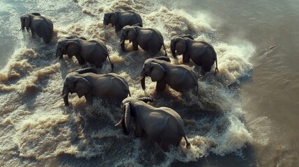 Fototapeta premium A herd of elephants crossing a river, with water splashing as they move together in a line.