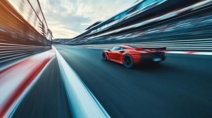Fototapeta premium A high-speed car racing down a race track, with motion blur capturing the thrill of the moment.