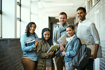 Happy, textbooks and portrait of students at college ready for class, lecture or study session. People, group and university friends with diversity for academic scholarship education at campus.