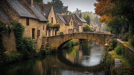 A historic stone bridge arching over a serene canal in a quaint European village.
