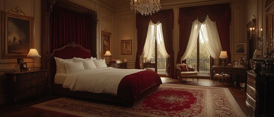 Obraz premium Luxurious Bedroom with Red Velvet Curtains and a Grand Bed